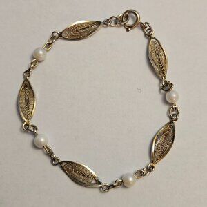 Vintage 12K Yellow Gold Filled Pearl Filigree Bracelet 7"